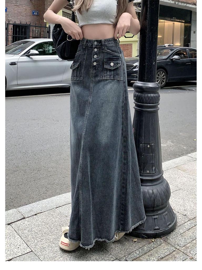 Women's 2024 Vintage High-Waist A-Line Denim Skirt, Raw Edge, Loose Fit, Large Sizes