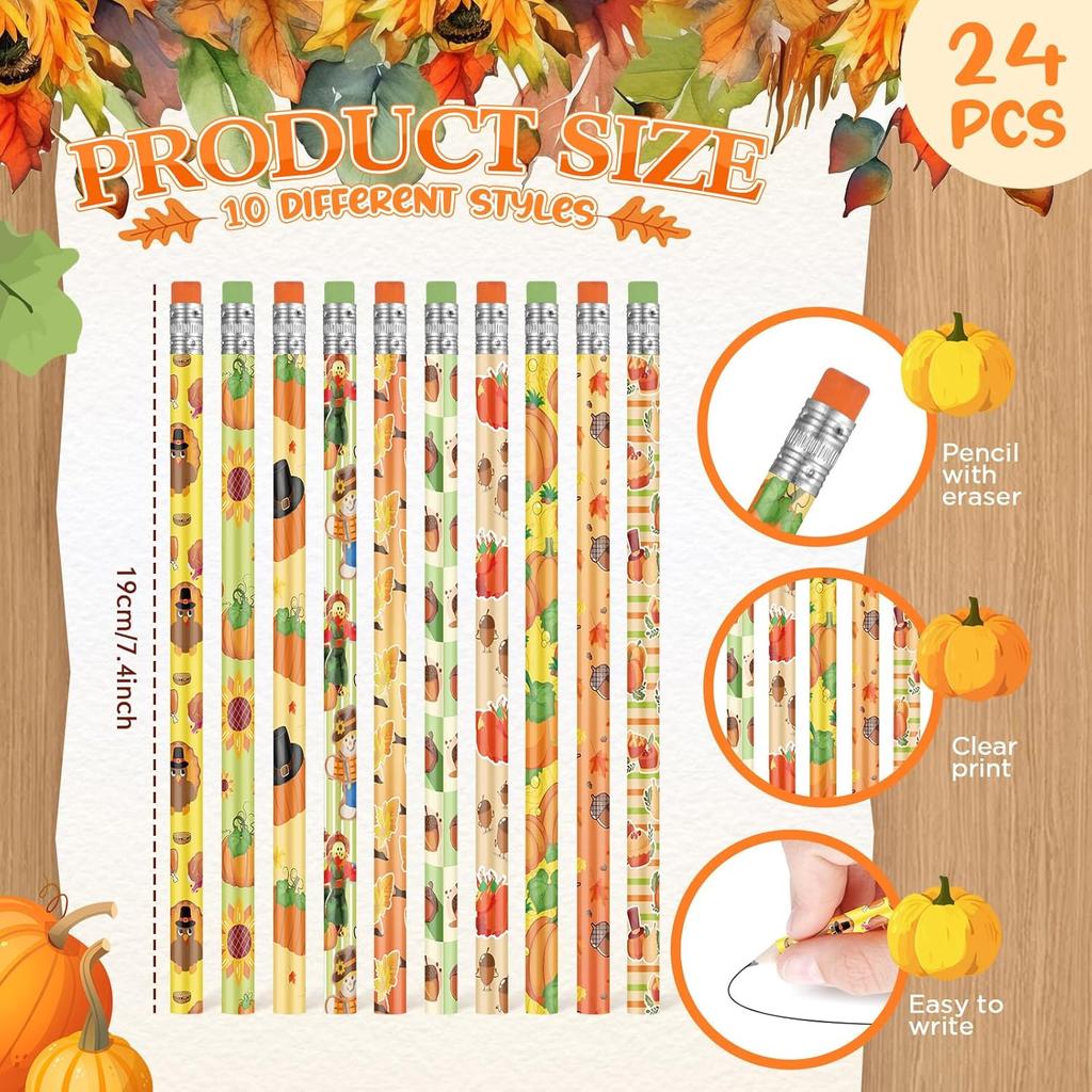 Sabary 48 Pcs Fall Pencils Thanksgiving Silicone Bracelets Set Thanksgiving Party Favors Maple Leaf Pencils Bulk Turkey Wristbands Pumpkin Bracelet