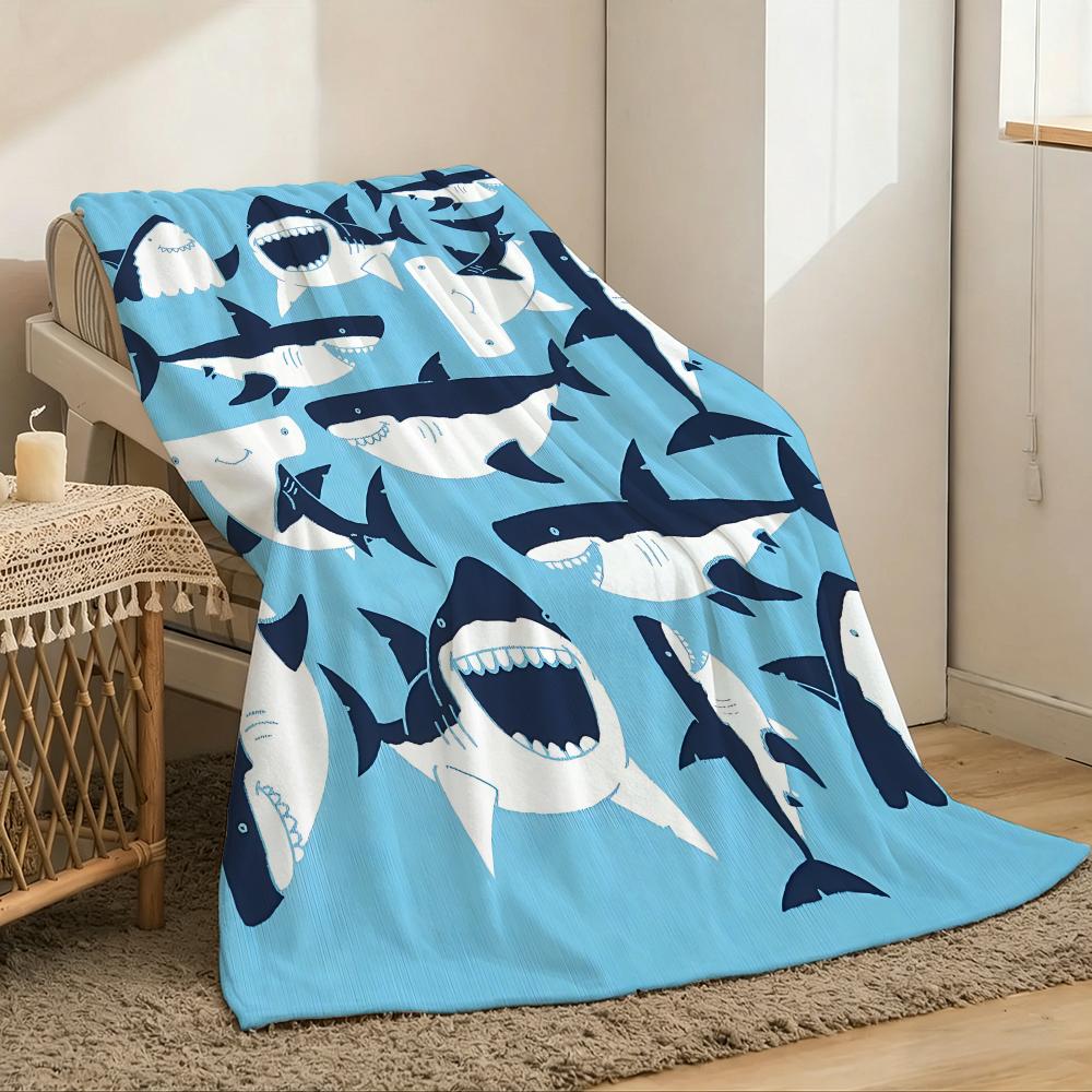 1pc Shark Print Throw Lightweight 240g Flannel Blanket Soft Skin-friendly for Summer Cooling