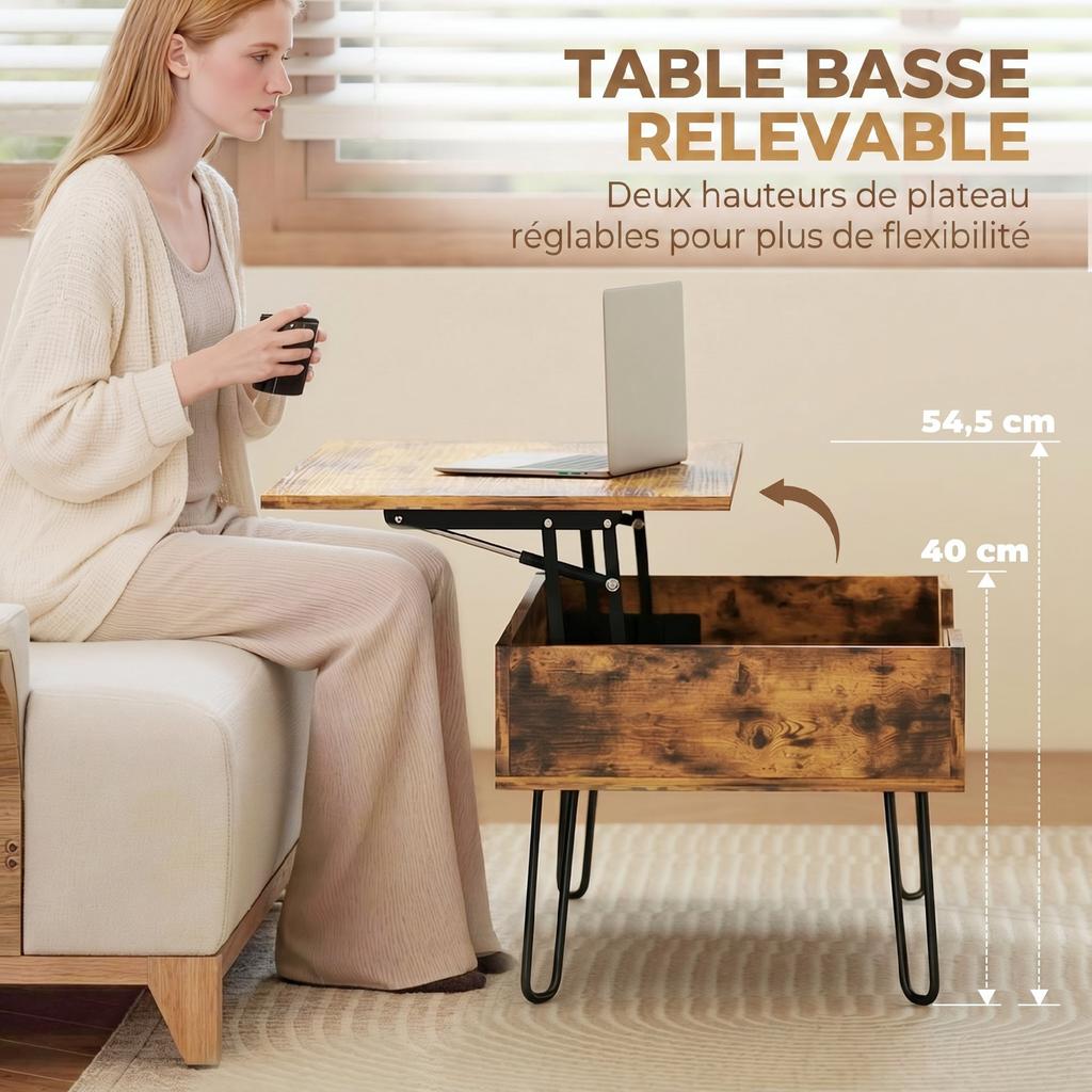 Lift-Top Wooden Coffee Table, Hidden Storage, Adjustable Height, 95 x 50 x 40 cm, Rustic Brown