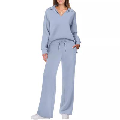 Autumn and Winter Women's Fashion Casual Sports Long-sleeved V-neck Sweater Wide-leg Trousers Two-piece Suit