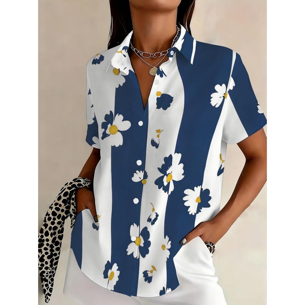 Camisa Minimalista de Verano con Estampado Digital Floral Camisa de Botones Superior para Vacaciones en la Playa Hawaiana Camisa Casual para Mujer