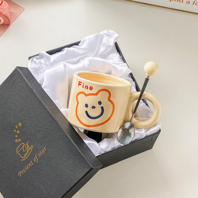 Bear Mug Girl with High Looking Ceramic Cup with Spoon Office Cute Coffee Milk Breakfast Cup