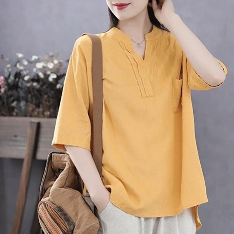 Literary and Retro Summer New V-neck Cotton and Linen Top Showing Thin Temperament Short-sleeved T-shirt Women's Loose and Casual