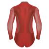Mens Figure Skating Bodysuit Mock Neck Long Sleeve Sheer Mesh Patchwork Colorful Rhinestones Latin Dance Leotard
