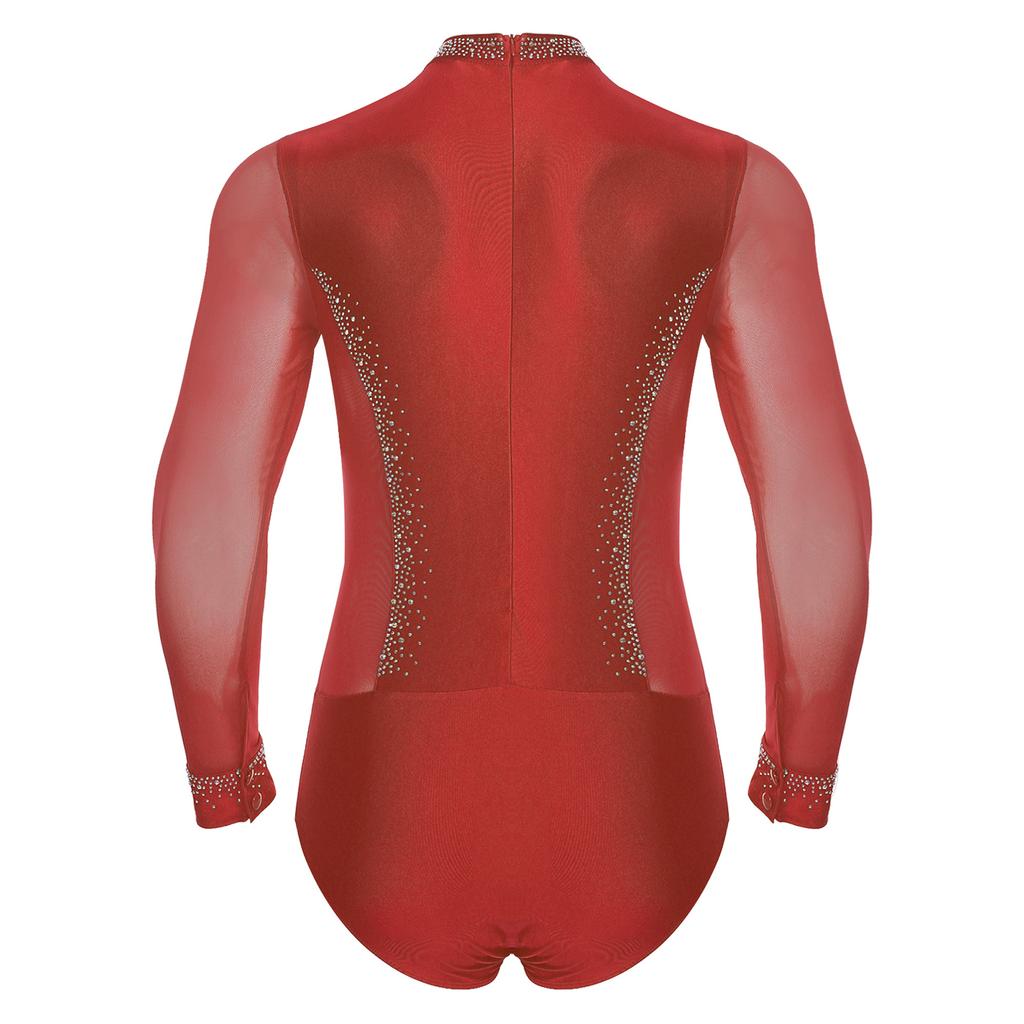 Mens Figure Skating Bodysuit Mock Neck Long Sleeve Sheer Mesh Patchwork Colorful Rhinestones Latin Dance Leotard