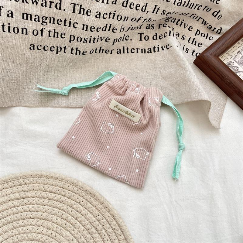 Corduroy cartoon printed drawstring storage bag portable cosmetics makeup bag sundries sorting small cloth bag
