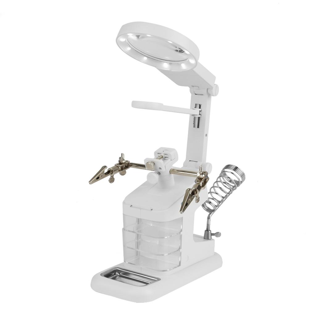 USB Electric Soldering Iron Workstation with 3X 4.5X 25X Loupe LED Lights Board Clips (White)