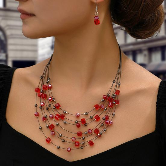 2Pcs/Set Exaggerated Bohemian Ethnic Style Necklace Earring Set Artificial Crystal Beaded Multi-layered Necklace Hook Earrings Set Jewelry Gift