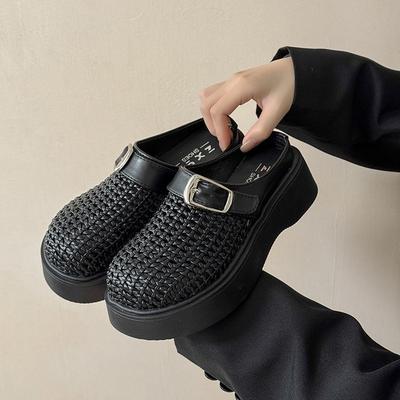 Muffin Platform Loafers Women's 2025 New Spring and Summer Retro Versatile Woven Bag Head Half Slippers Small Sandals