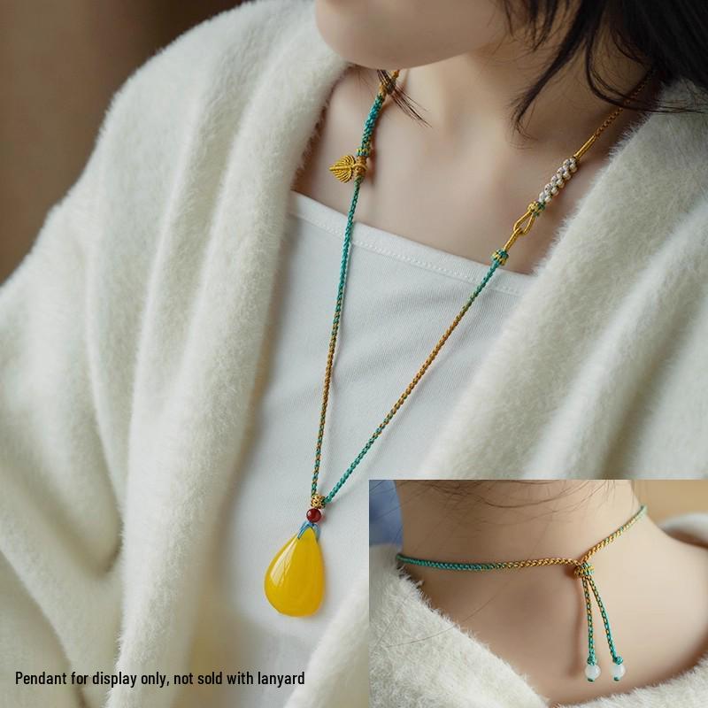 Handmade Amber-Turquoise Gold Jade Pendant Necklace with Safety Buckle