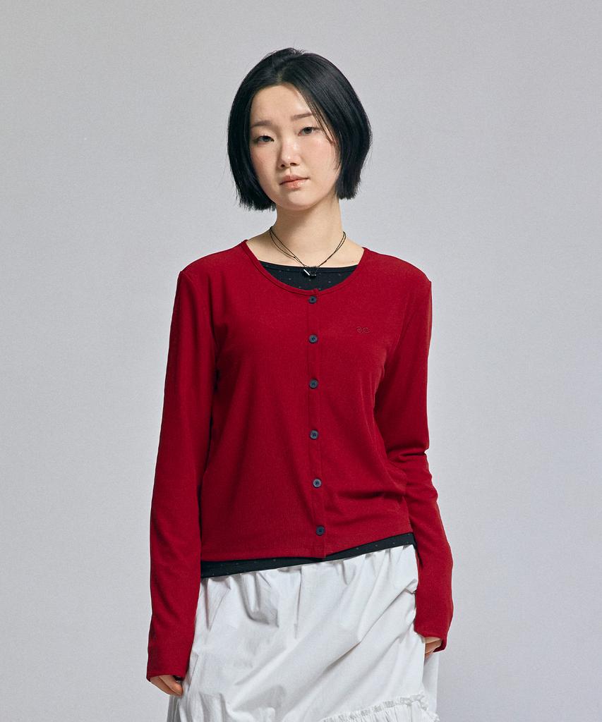 AWESOME STUDIO Layered Ribbed Cardigan T-Shirt Wine