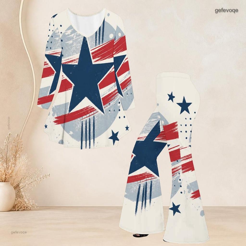 Women Plus Size Round Neck Three Quarter Sleeve Eagle Printed Flared Top Flared Pants Two Piece Set