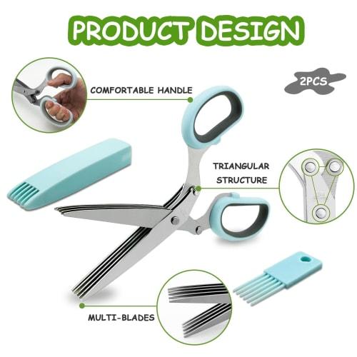 Stainless Steel Kitchen Shredder Shears for Onion, Nori, and Vegetables, 5-Blade, Washable, Set of 2 (Blue)