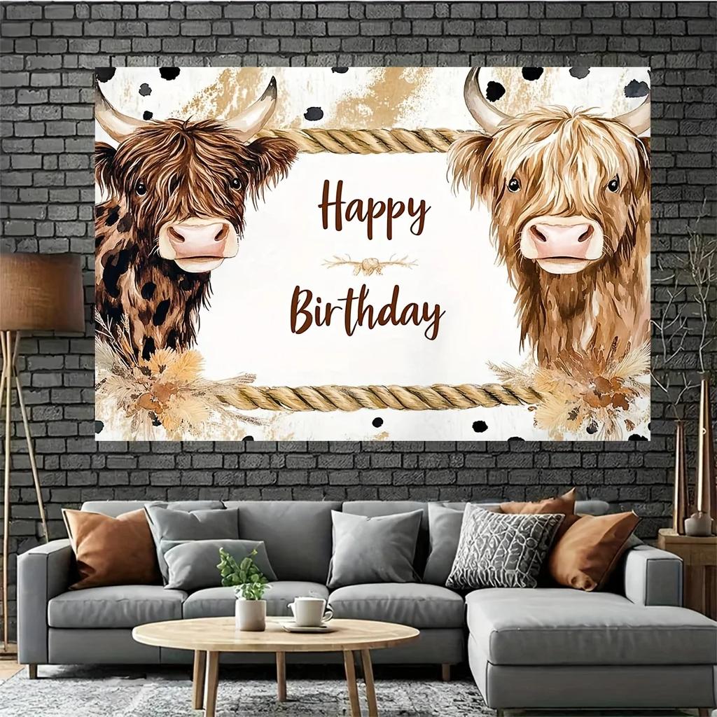 Background Banner - Cute Highland Cattle Birthday Celebration - Patterned Background Fabric, Used for Photo Party Supplies