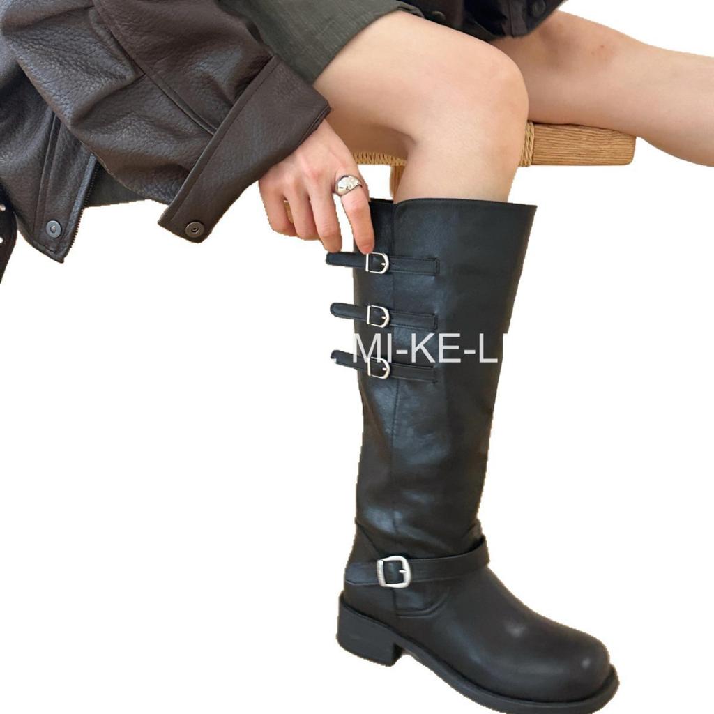Korean British style women's long boots, belt buckle color matching pile boots, medium tube knight Martin boots, but knee-thin boots