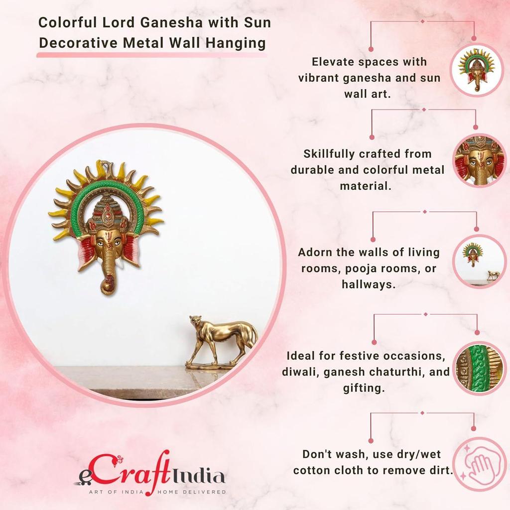 Colorful Metal Sun Ganesha Wall Hanging- Lord Ganesha Statue Wall Art- Decorative Showpiece for Wall Decor- Diwali Decoration Items