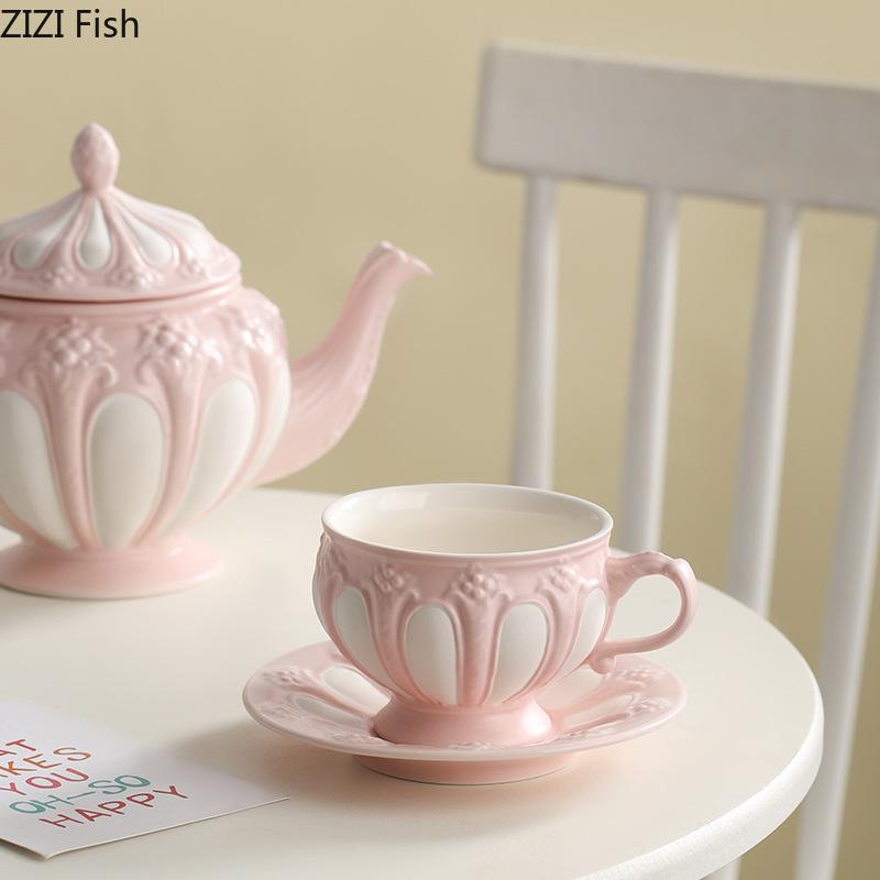 Floral Reliefs Classical Ceramic Cup&saucer Teapot Dining Table Coffee Mug Milk Mugs Afternoon Tea Teacup Fruit Juice Container