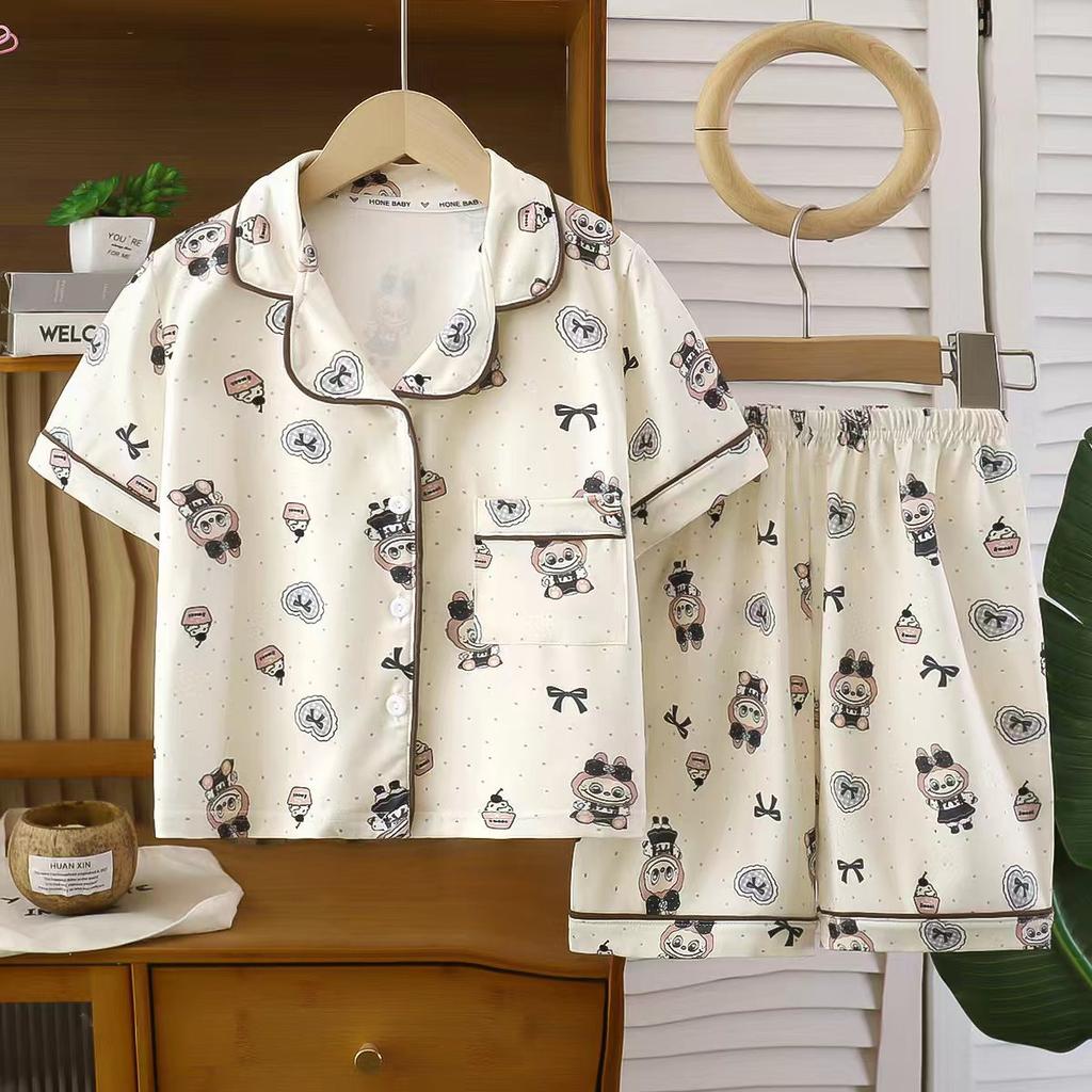 Kids Summer Cartoon Print Short Sleeve Pajama Set Thin Collar Home Wear For Boys And Girls Air Conditioned Room Sleepwear