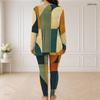 Women Plus Size Blue Yellow White Abstract Printed Front Zipper Long Sleeve Longline Top Fitted Pants Two Piece Set