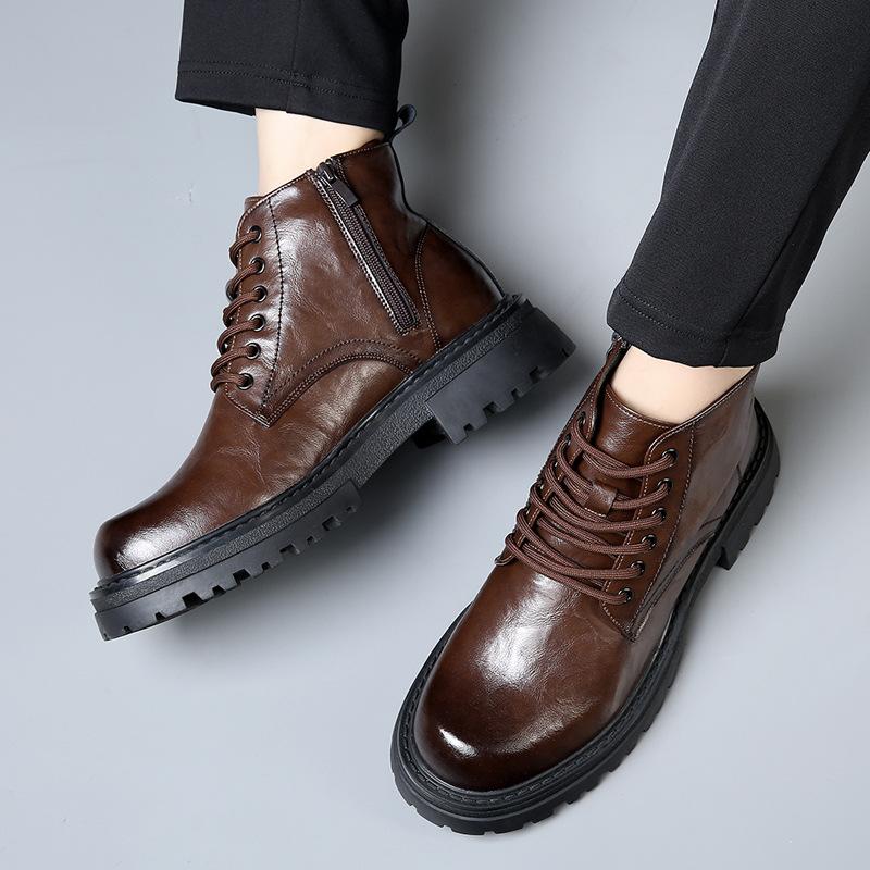 Martin boots men's winter cotton leather boots British wind mid-top thick-soled inner heightening locomotive short boots