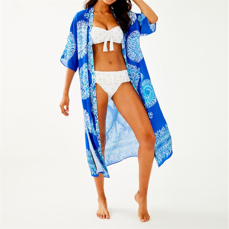 2020 Edolynsa Long Print Beach Cover up Pareos de Playa Mujer Beach Wear Plus size Bikini Cover up