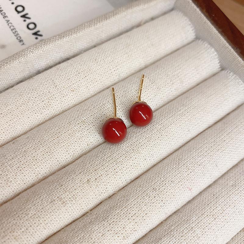 Real gold electroplated silver needle geometric red New Year's stud earrings niche simple versatile earrings light luxury high-end earrings women