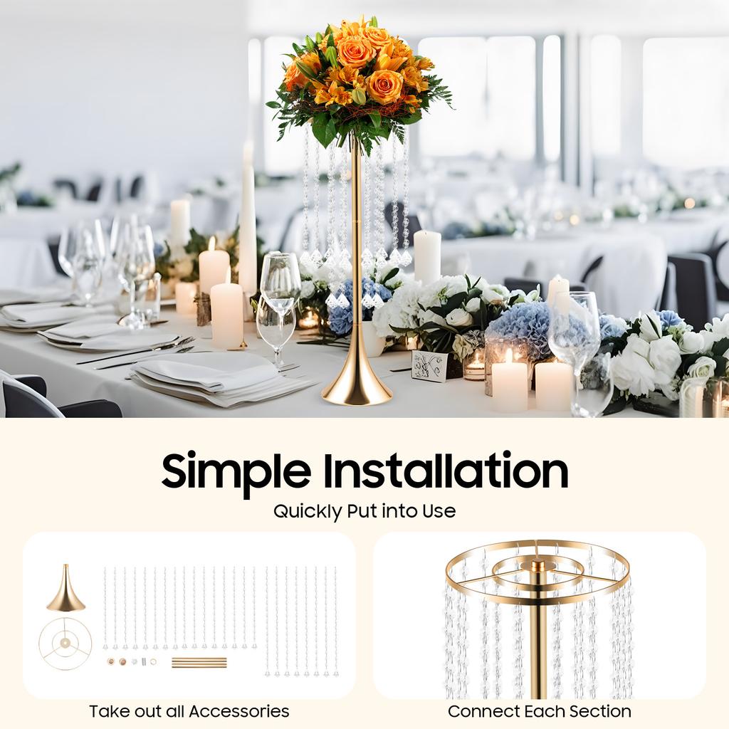 10Pcs Gold Flower Stands, 21.9 Inch Tall Wedding Centerpieces - Elegant Acrylic Crystal & Iron Floor Vases for Tabletop Decor