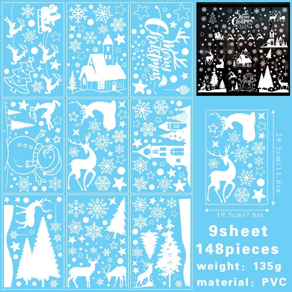 9PCS/Set Electrostatic Cartoon Santa Glass Decals Decorative Static Sticker  Home Decoration
