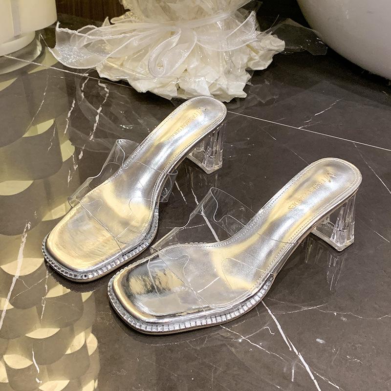 Square Head Transparent One-word Cool Slippers Women's Spring and Summer 2025 New Crystal Thick Heel High Heel Outer Wear Cool Slippers Women