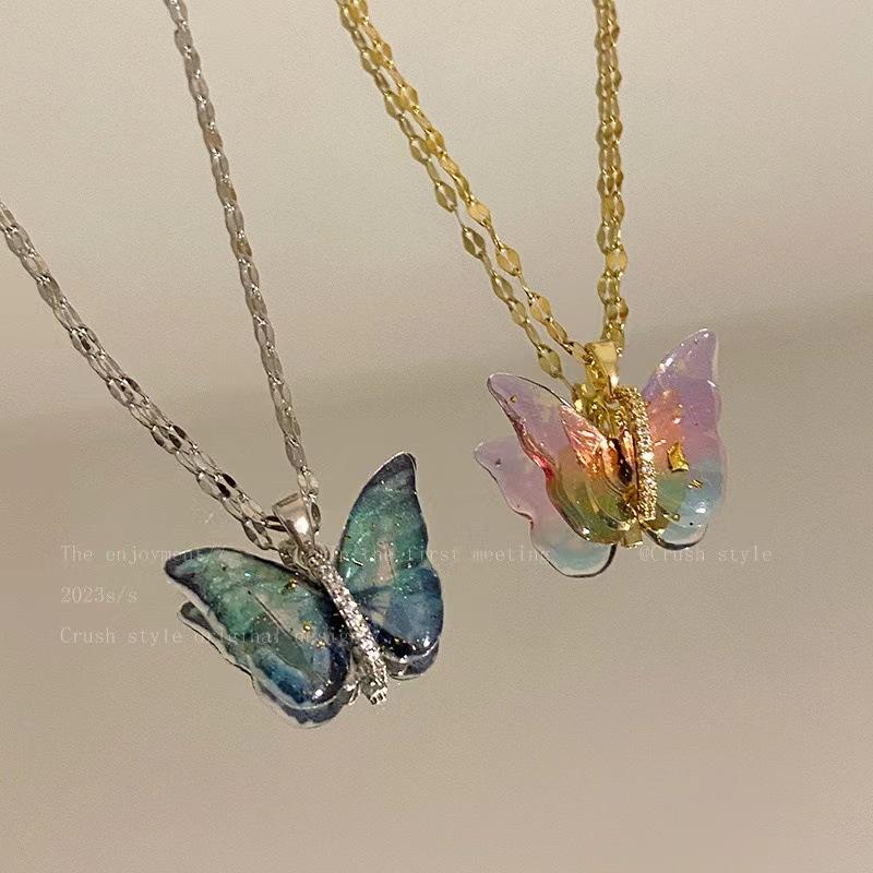 Trendige Titanstahl Schloss Halsband Kette mit buntem Schmetterling Anhänger