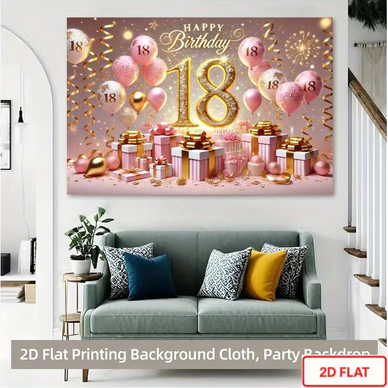 2D Sparkle Pink Gold 18th Happy Birthday Photography Backdrop with Balloons