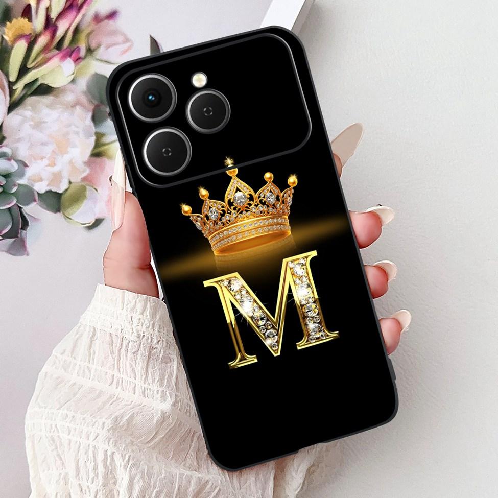 For Tecno Spark 40 Case Black Silicone Luxury A-Z Letters Fashion Flowers Crown Shockproof Cover For Techno Spark 40 Phone Case