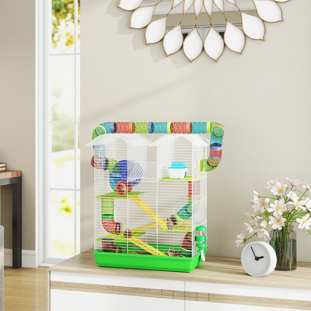 Cage for Hamsters, Mice, and Small Rodents with Tunnel, Feeder, Wheel, and Toy, 47 X 30 X 59 Cm, Green