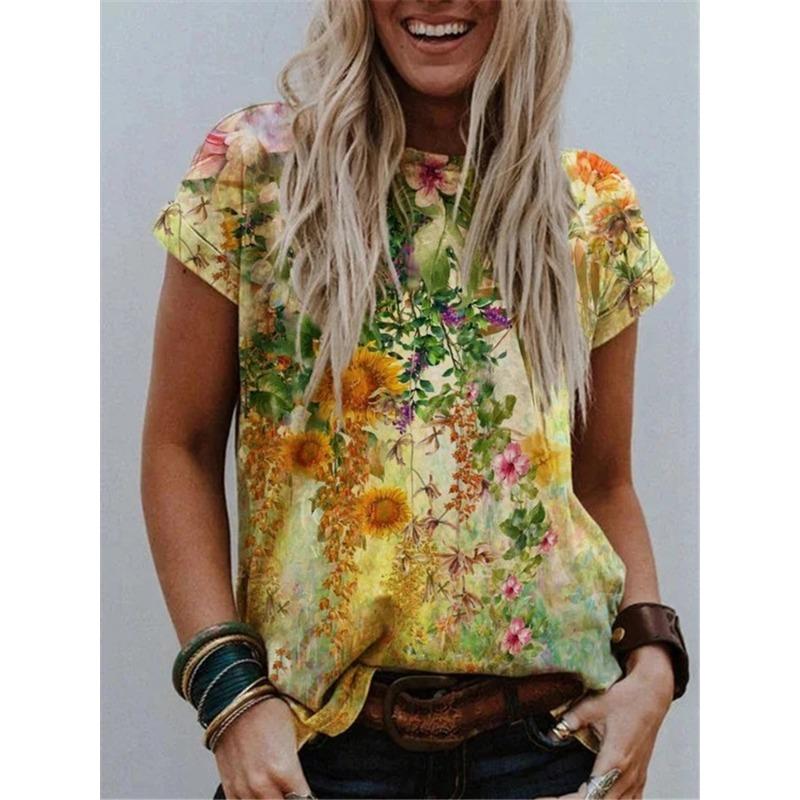 Short Sleeved T-shirt for Women with Round Neck Print Trendy Street Style Short Sleeved Loose Fit Shirt