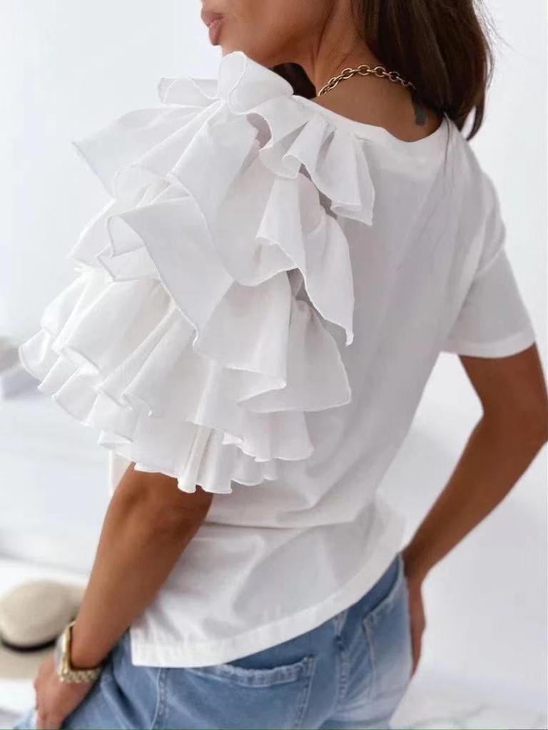 T-shirt estiva nuova stile, semplice, alla moda, a maniche corte con volant