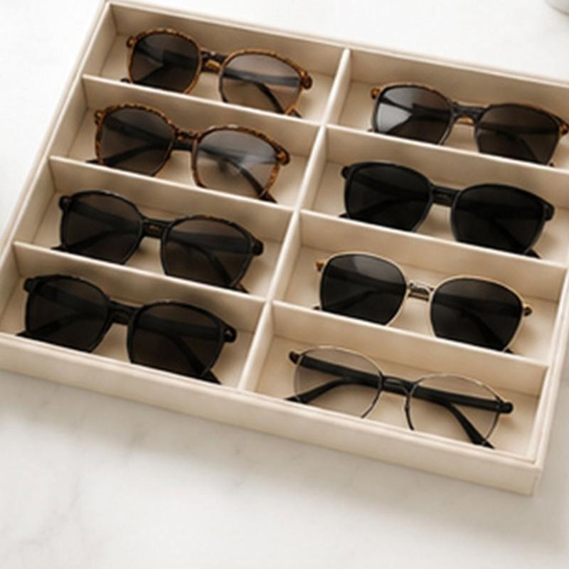 Open Glasses Storage Tray with 8 Separate Compartments, Single-Level Fabric-Covered Layout for Visible Eyewear Storage