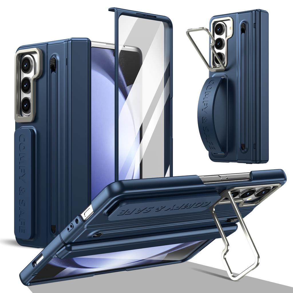 Folding Case with Stylus for Samsung Z Fold 4 5 6 7 Aluminum Alloy Lens Frame Holder Silicone Built-in Strap Glass Screen Film