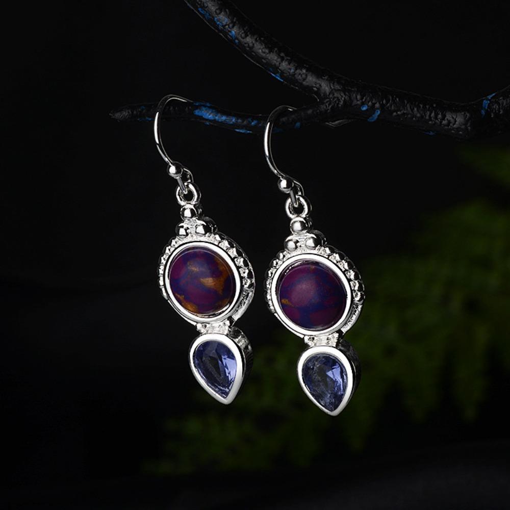 Elegant S925 Plated Charoite Drop Earrings Women Stylish Purple Crystal Dangle Jewelry Gift