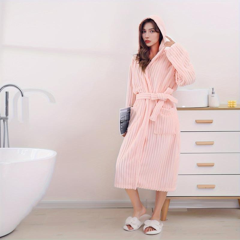 Women's Hooded Candy Stripe Bathrobe - Absorbent Sleepwear with Drawstring