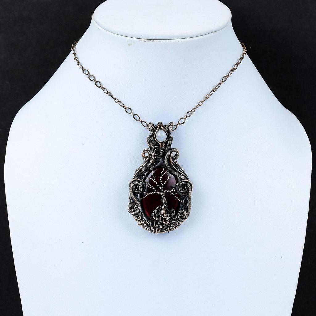 Tree Of Life Red Labradorite & Moonstone Gemstone Pure Copper Wire Wrap Handmade Jewelry Pendant
