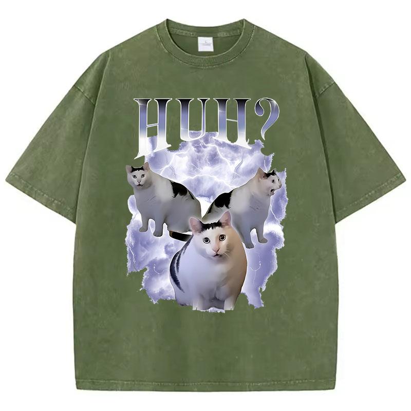Funny T Shirt Vintage Washed Cotton T-Shirt Cat Saying Huh? Meme Graphic Tee Casual Streetwear for Spring Summer Fall