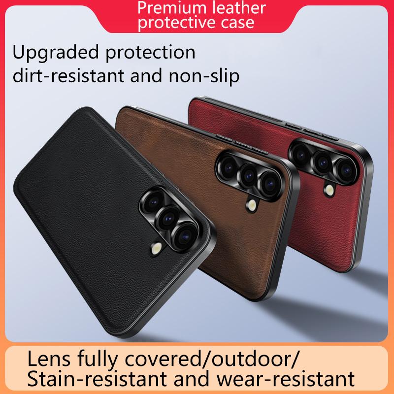 Metal Camera Protection Leather Phone Case For Samsung Galaxy S25 S24 S23 S21 FE S22 Ultra S25 Plus Silicone Edges Back Cover
