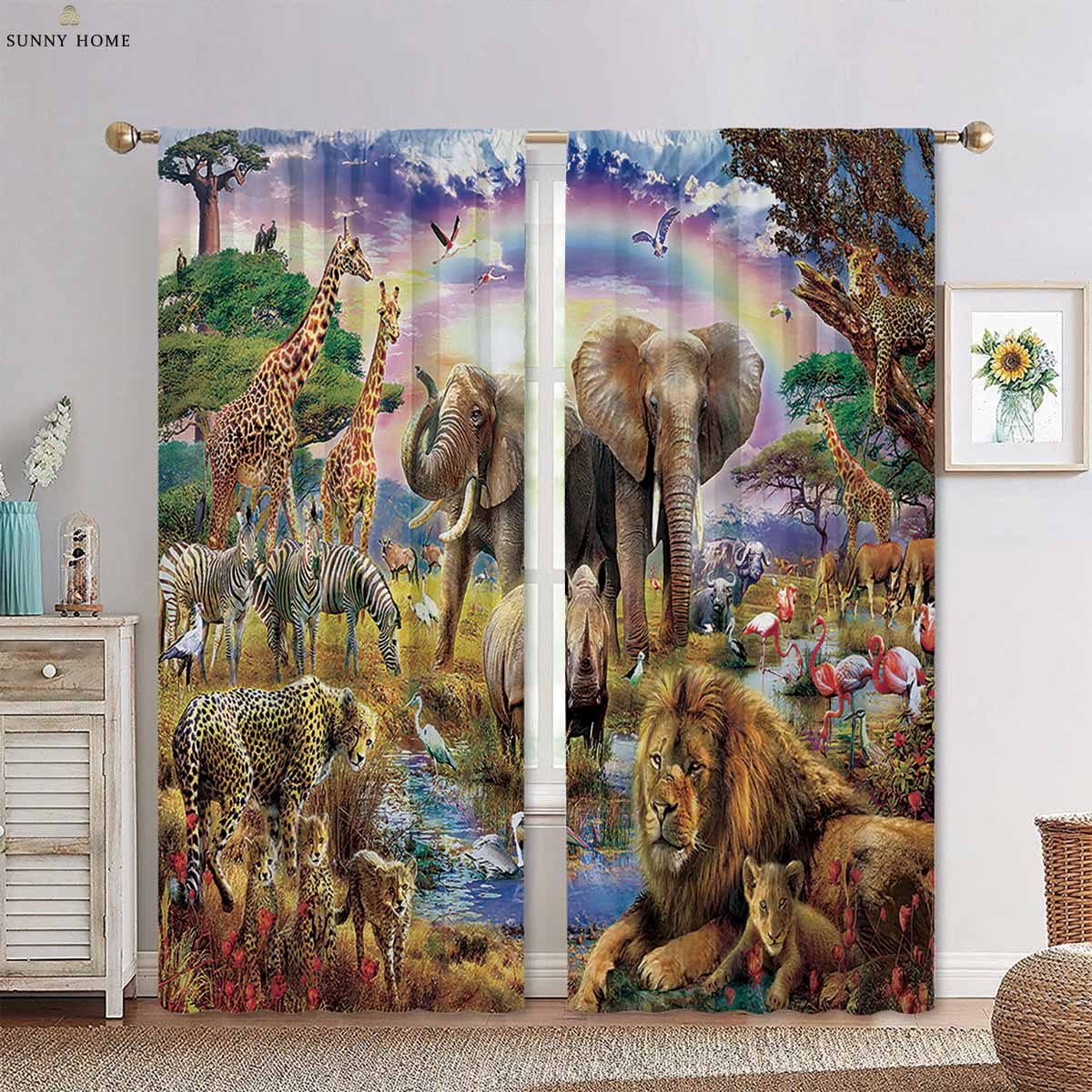 

Forest Animal Cartoon Style Pattern Print Window Curtains Ideal For Living Space Kitchen Area Children Room Ornamental Window Curtains W50xH140(CM)x2PCS&Grommet Top