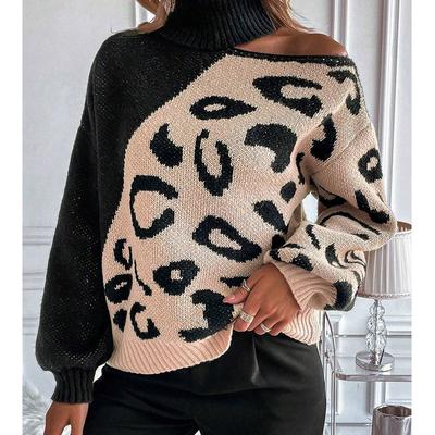 Womens Leopard Print Turtleneck Sweater Loose Fit Long Sleeve Knit Top Winter