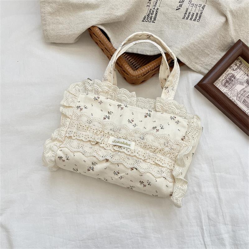 Cute Sweet Lace Floral Handbag Large Capacity Casual Commuting Tote Bag Portable Storage Bag Girl Heart Clutch Cosmetic Bag Gift