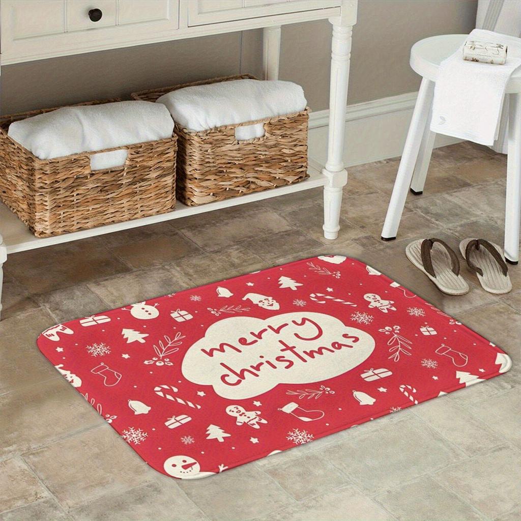 Festive Cherry Red Christmas Doodle Non-Slip Doormat - Machine Washable Lightweight Polyester Mat with Rubber Backing, Irregular