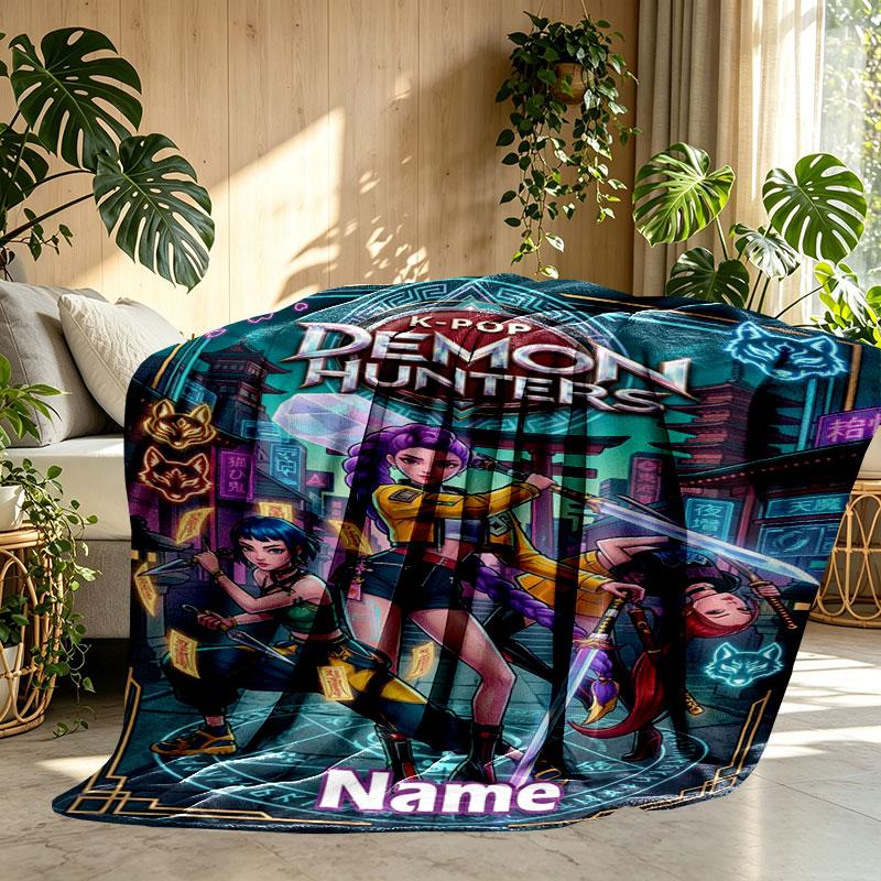 Custom Name Personalized Demon Hunters Kpop Print Blanket, Home Decor, Bedroom, Sofa, Camping, Couch, Gifts for Birthday Christmas