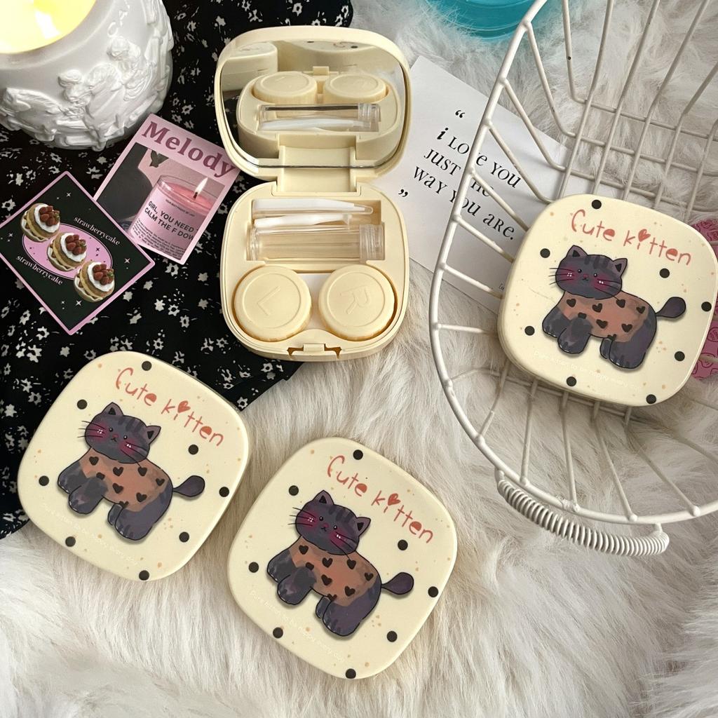Niedliche Katze Graffiti Kontaktlinsenbox Begleitbox Pflege Kontaktlinsenetui Tragbares Kontaktlinsenetui mit Spiegel und Pinzette