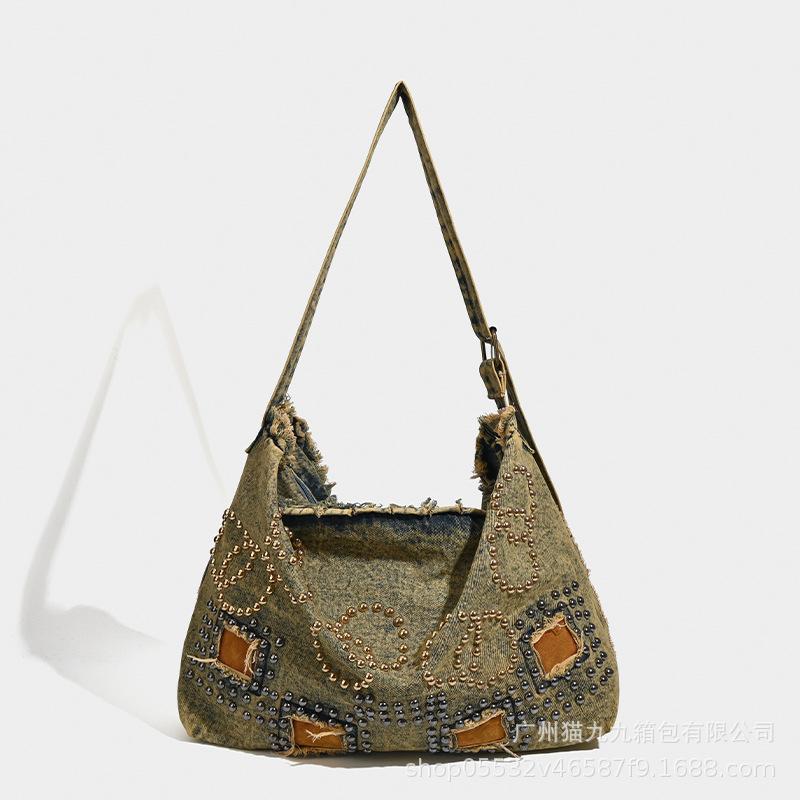 

Сумка-тоут большой вместимости, Постапокалиптическая Ретро Джинсовая Сумка, Модная Сумка Кроссбоди в Американском Стиле, Сумка на Плечо с Дизайном с Шипами. хаки